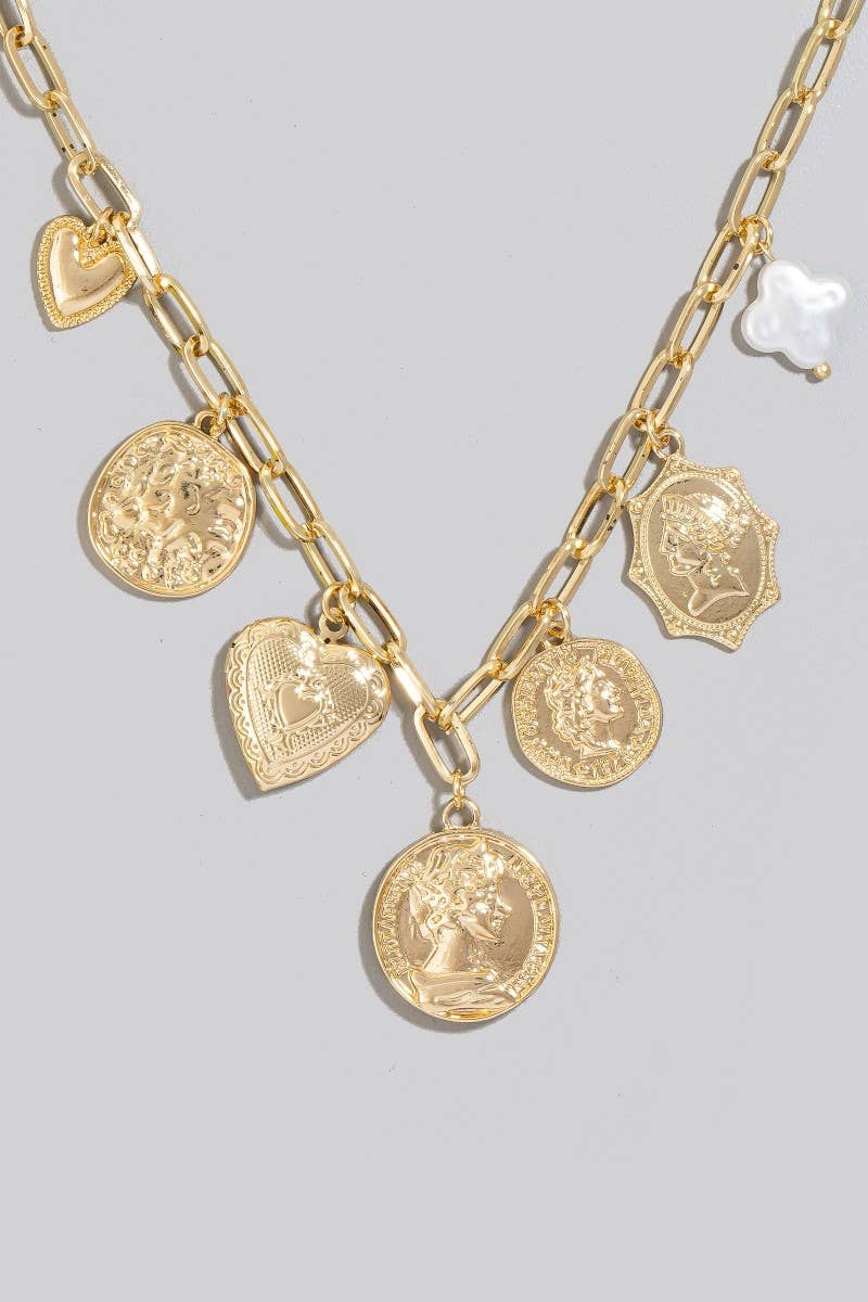 Pearl Clover Coins And Heart Locket Charms Necklace
