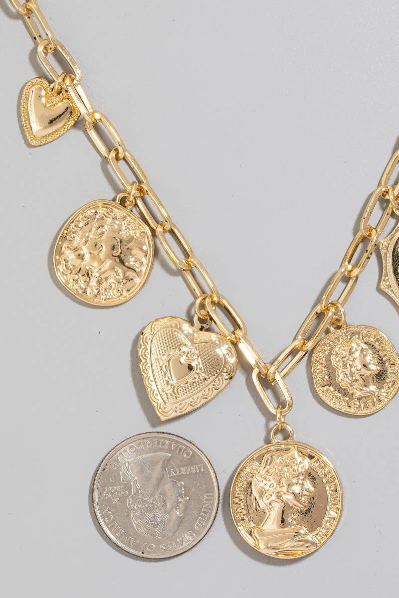 Pearl Clover Coins And Heart Locket Charms Necklace