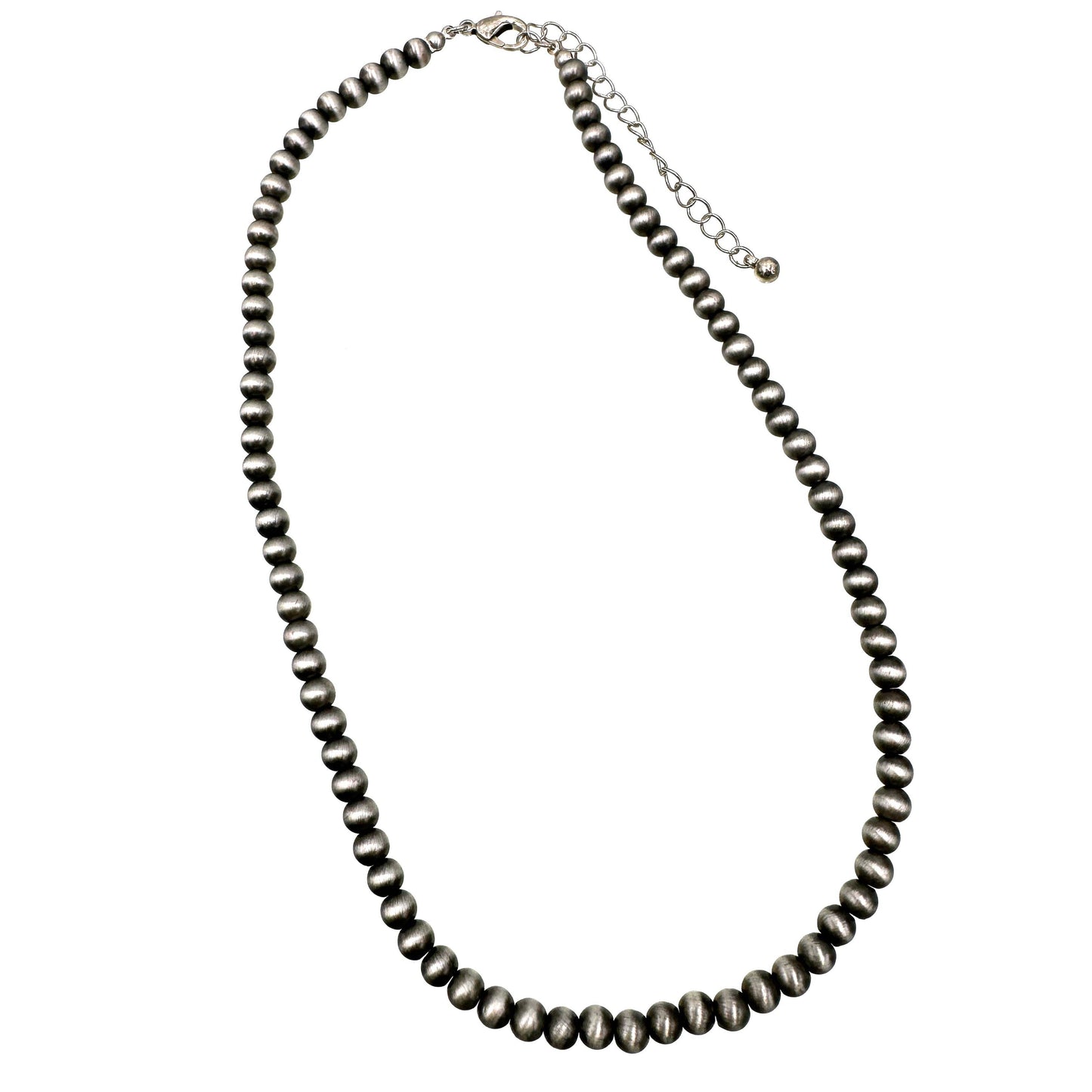 Necklace with pewter colored Navajo beads on a white background