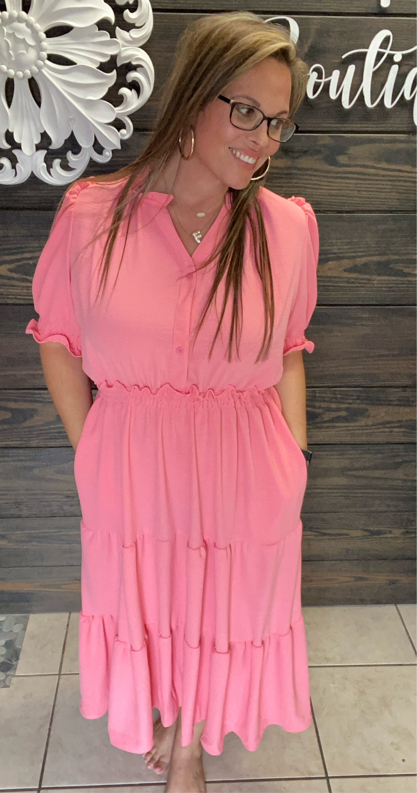 Maxi tiered, coral style button up and ruffles dress