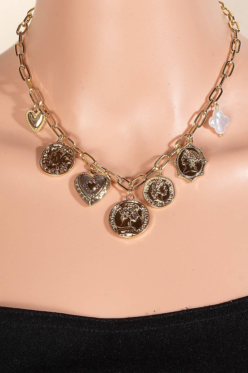 Pearl Clover Coins And Heart Locket Charms Necklace