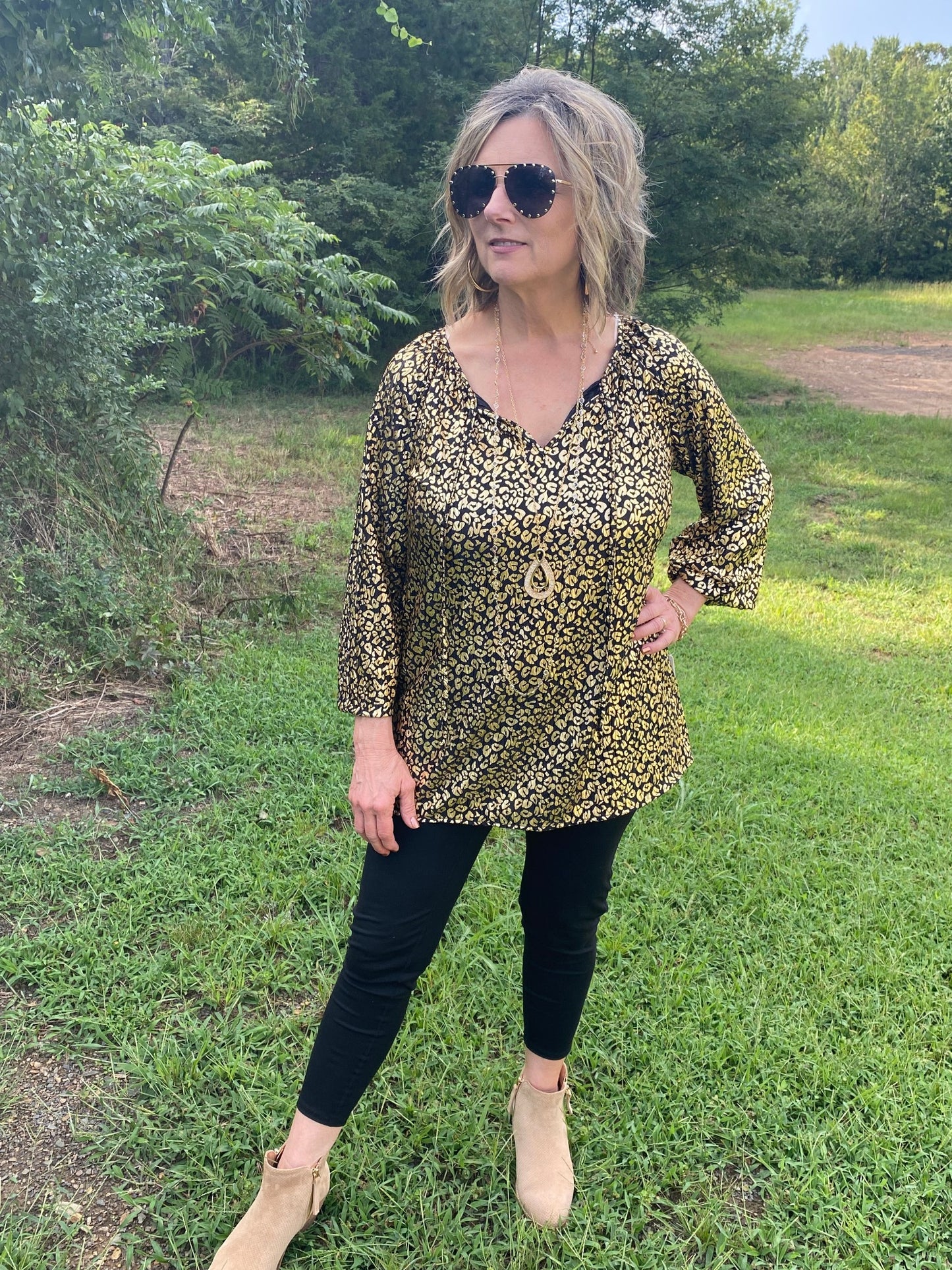 Gold and black leopard shimmer top