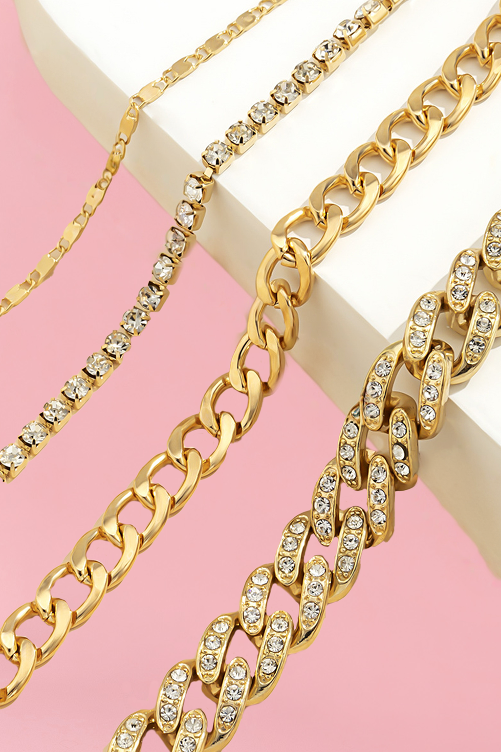 4 separate piece adjustable chain bracelet set, gold and rhinestone
