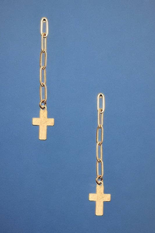 gold Dangle chain cross charm earrings