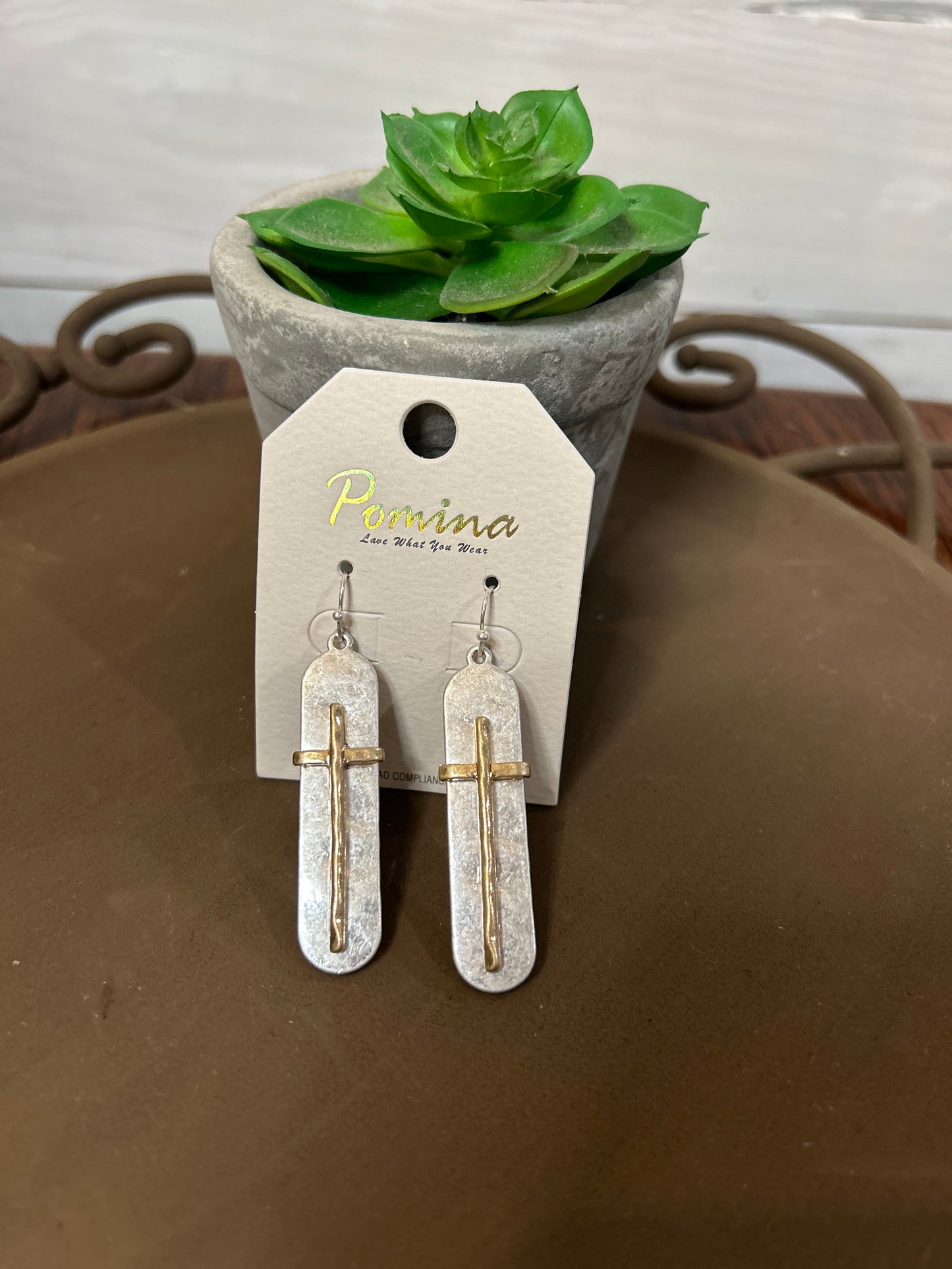Hammered cross earrings, gold, silver tone, fishhook
