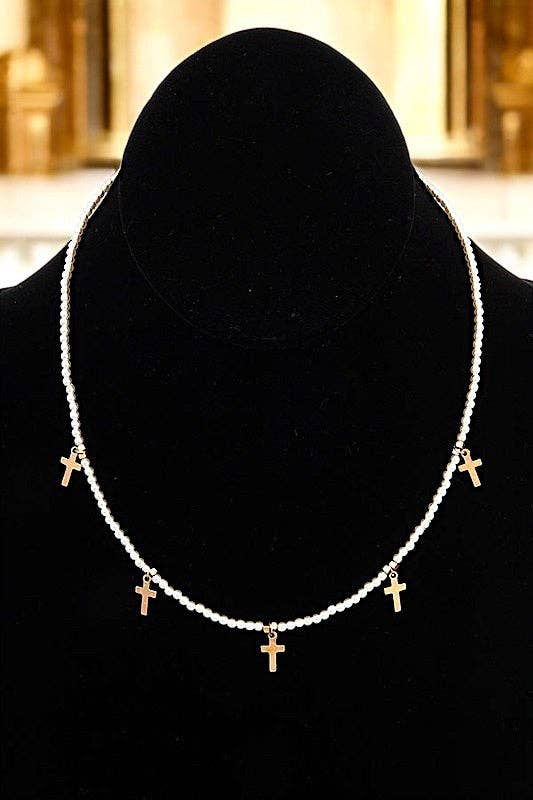 Multi Cross Pendant Pearl Bead Necklace , Approx Length: 14" Simple pearl beads with gold cross charm