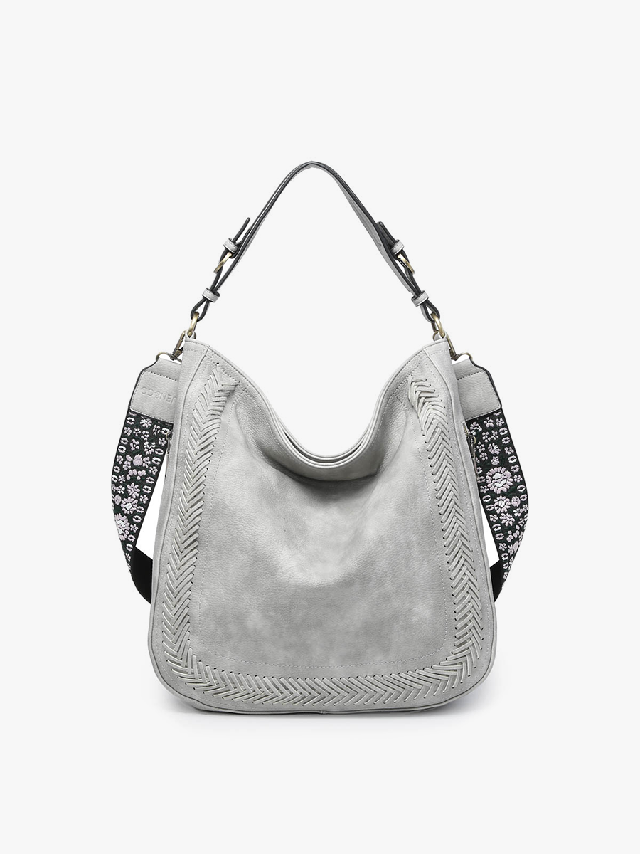 light grey hobo style with whip stitching and black and white floral guitar strap