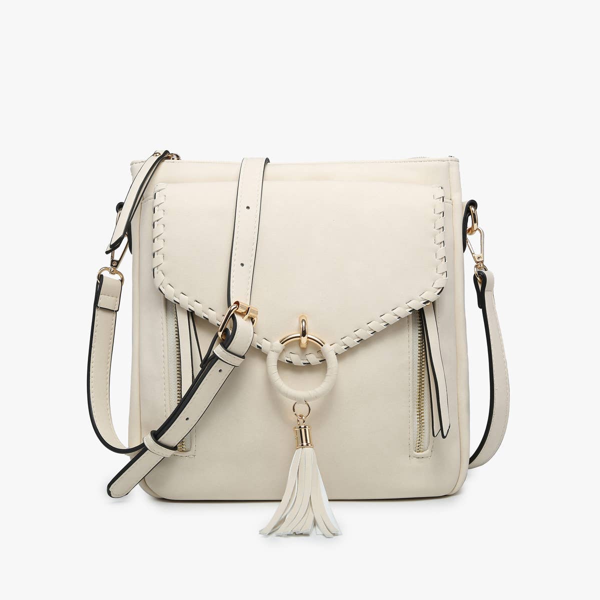 front flap over, ring + tassel, side zip compartments, carry & conceal, adjustable handles