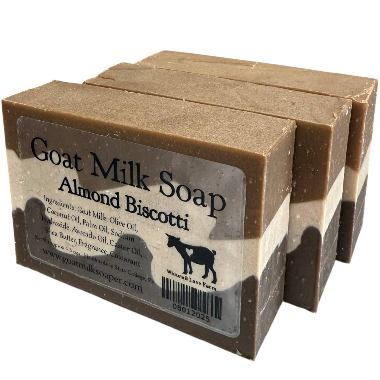 Goat Milk Soap Almond Biscotti with a label on a white background