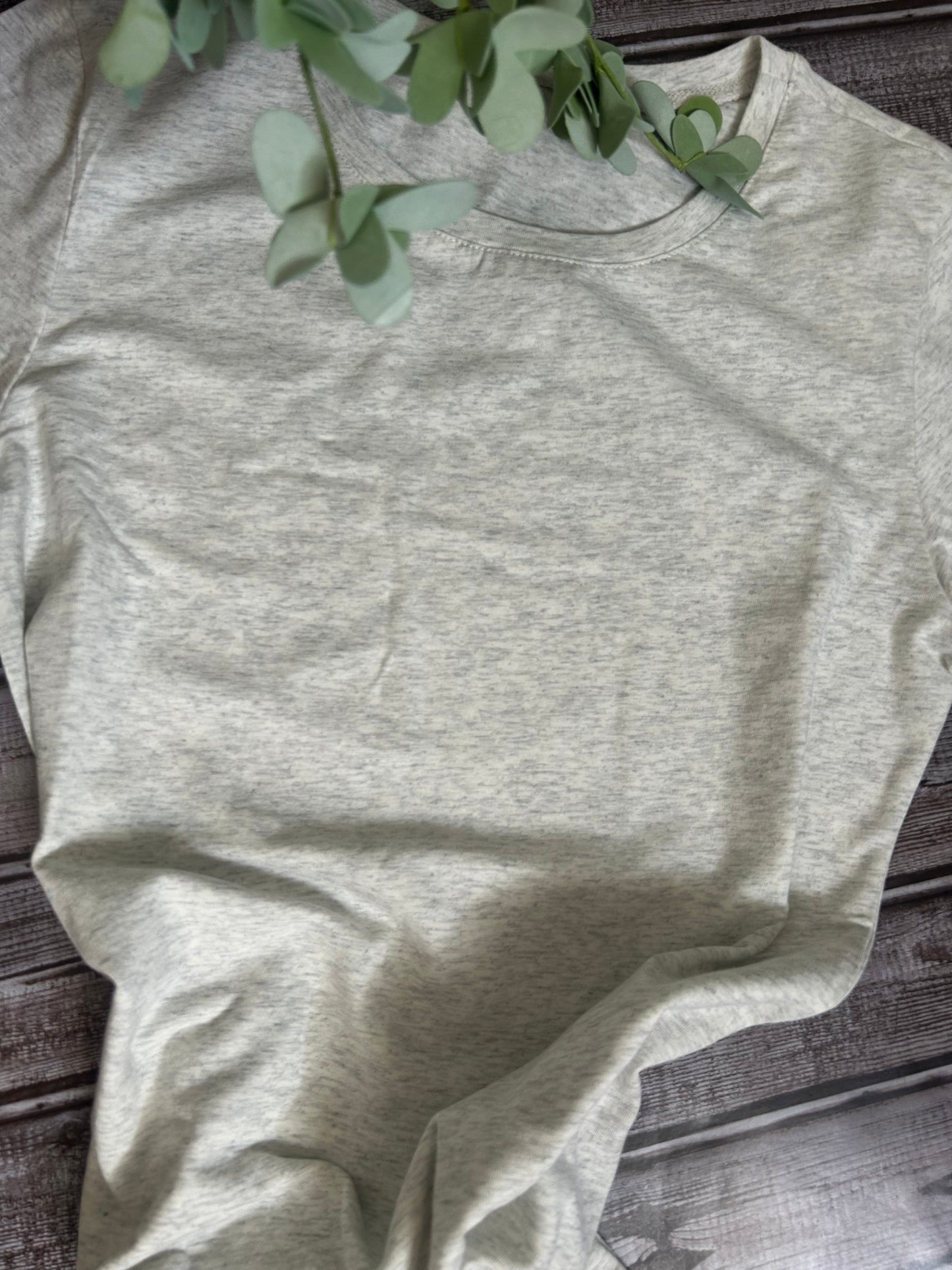 Fitted Crew Neck Jersey Top withj stretch in heathered oatmeal color