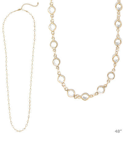 Add a sparkling touch to any outfit with our Crystal Linked Necklace! Made with high-quality crystals, this necklace is sure to catch the light and dazzle everyone around. Each crystal is carefully linked together to create a unique and stunning piece of jewelry. Elevate your look and feel confident with the Crystal Linked Necklace. 48" long