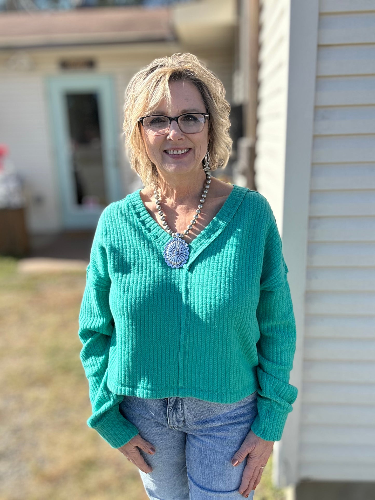 sea foam green, soft knit, v neck, relaxed fit, top