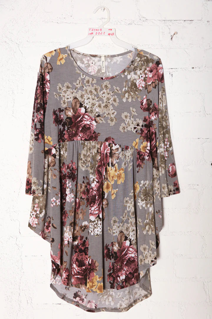 3/4 length sleeve floral babydoll tunic top in shades of grey, mauve, olives, & gold
