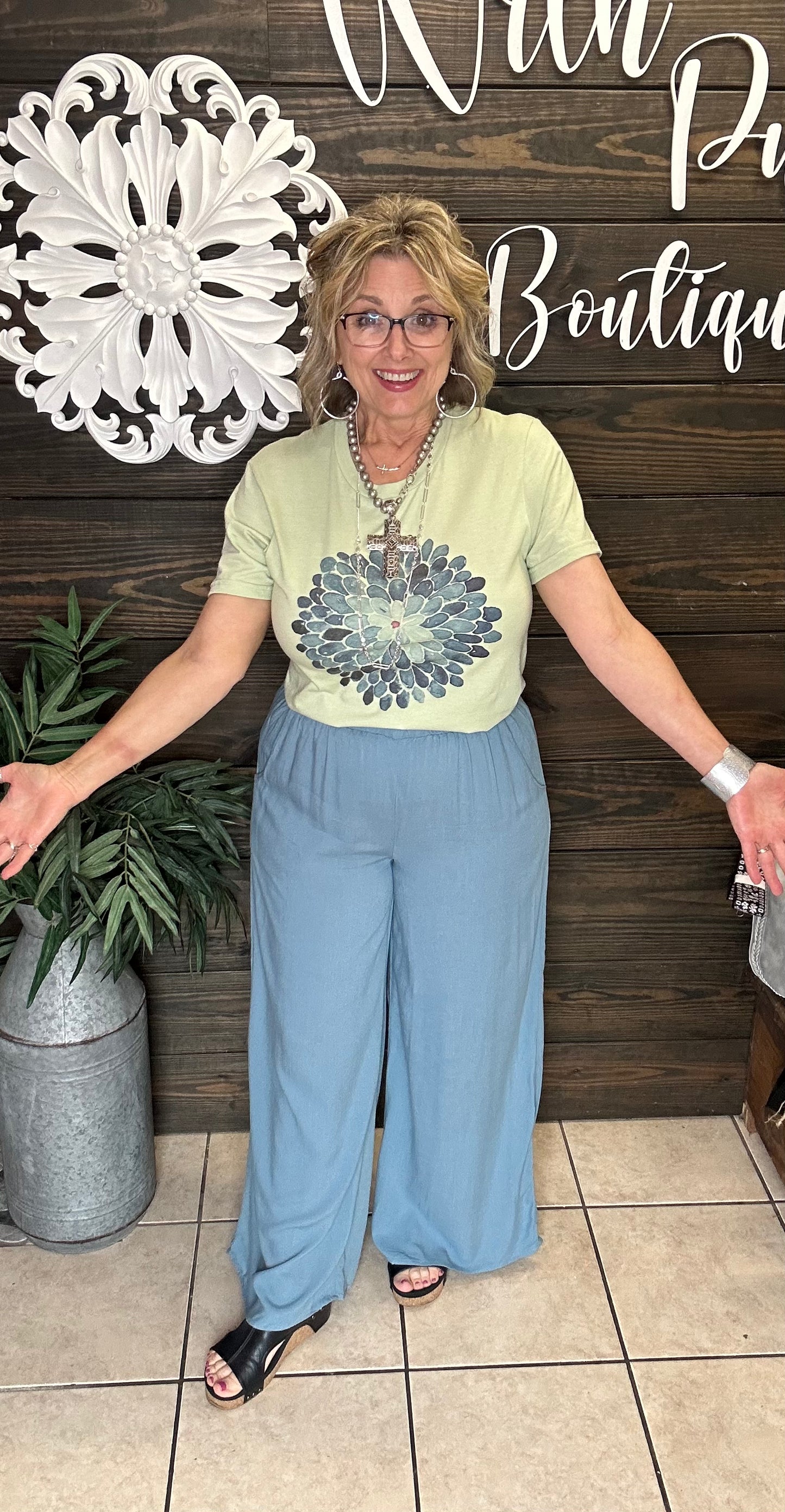 wide leg, pull on style pants, pockets, 100% Rayon