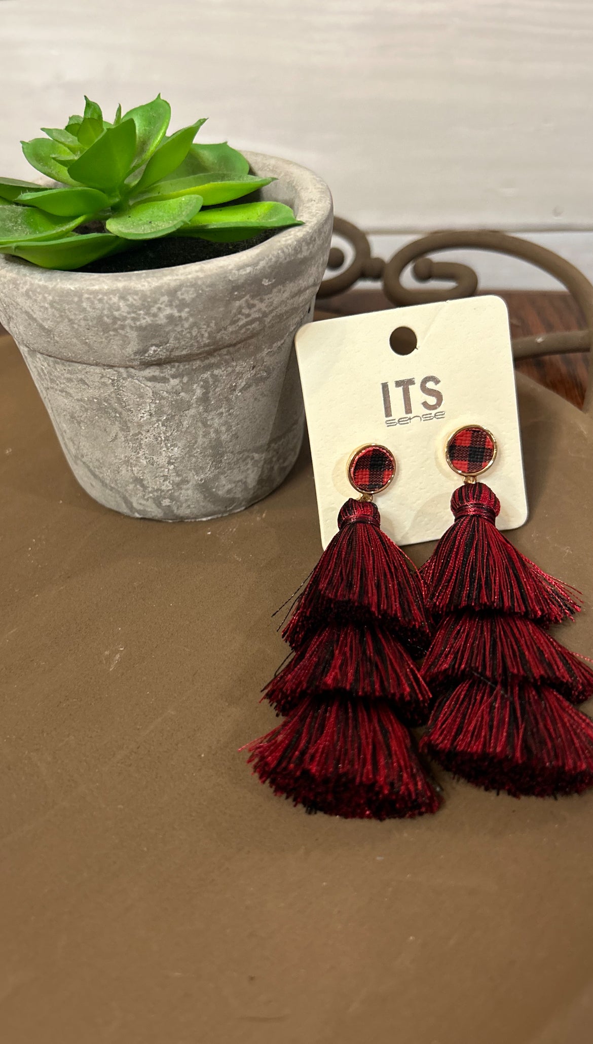 Buffalo plaid , wine & black triple their tassel earrings
