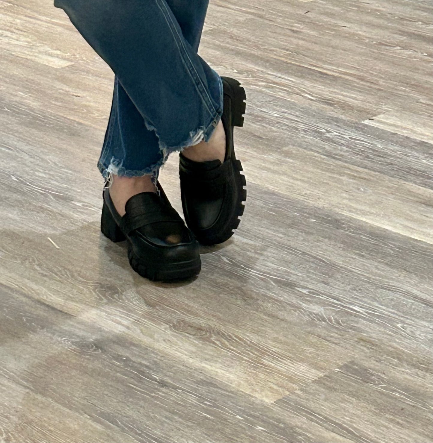 Penny loafer style with chunky sole and 2" heel