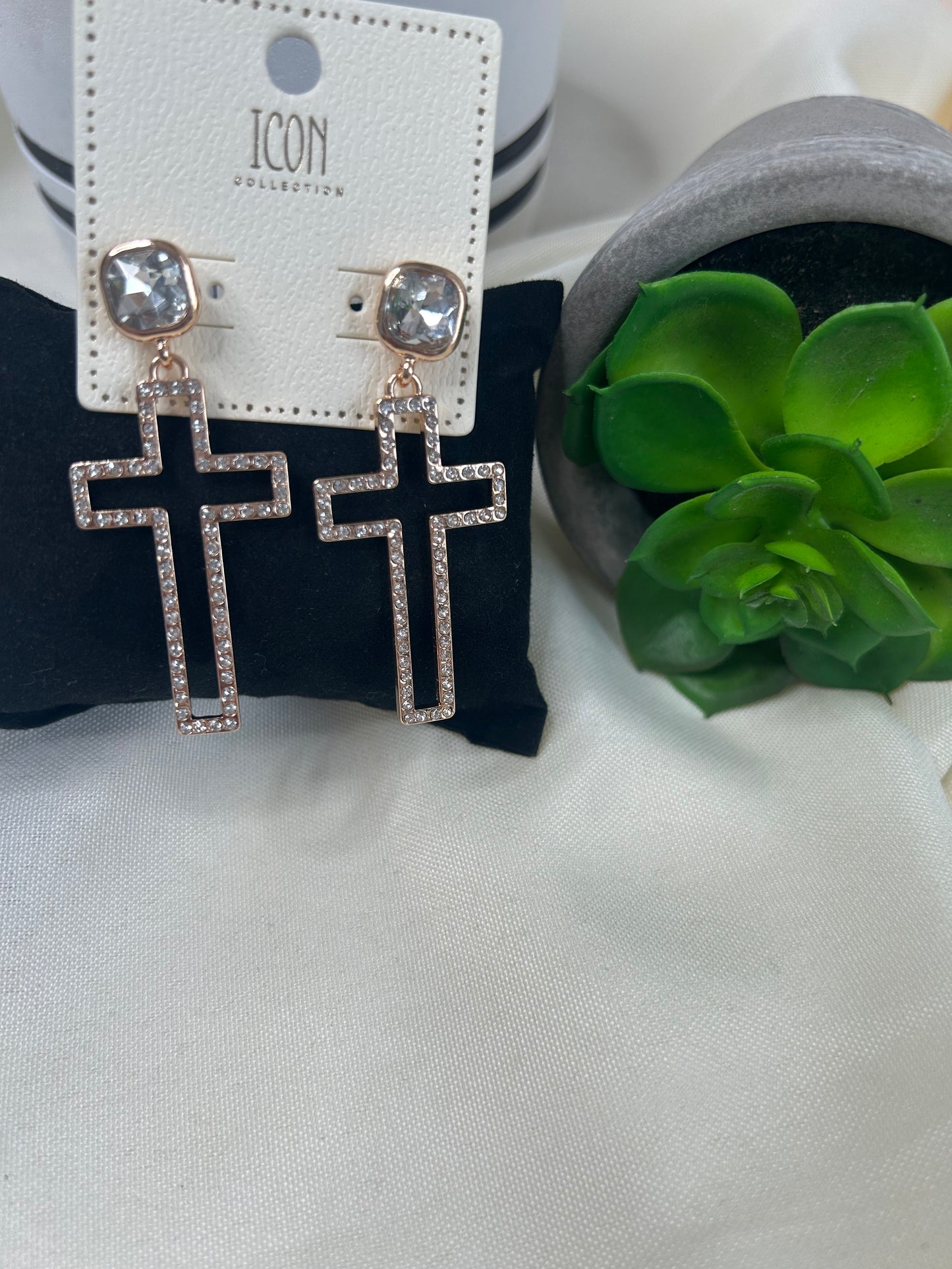 Rhinestone Cutout Cross Earrings