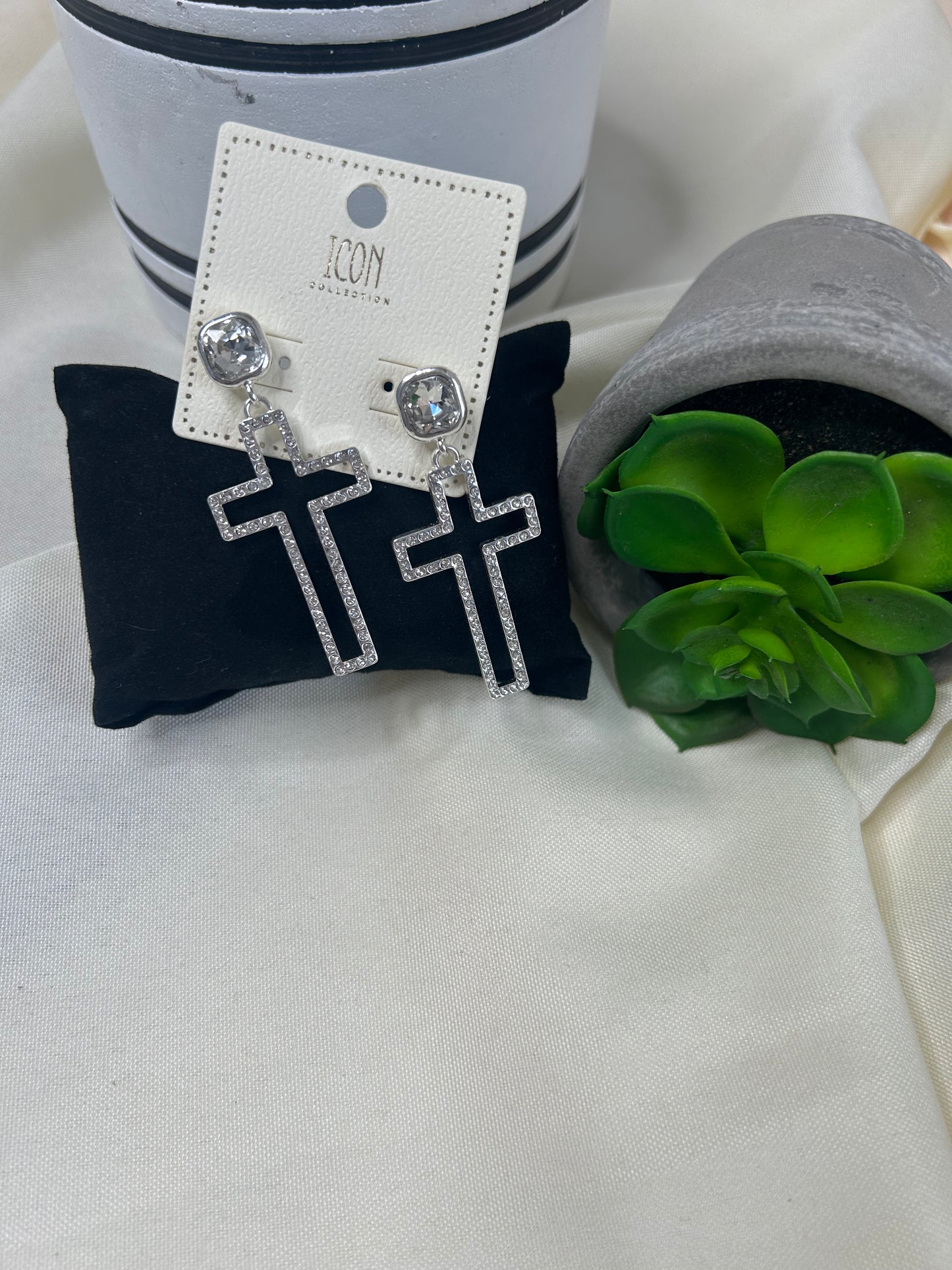 Rhinestone Cutout Cross Earrings