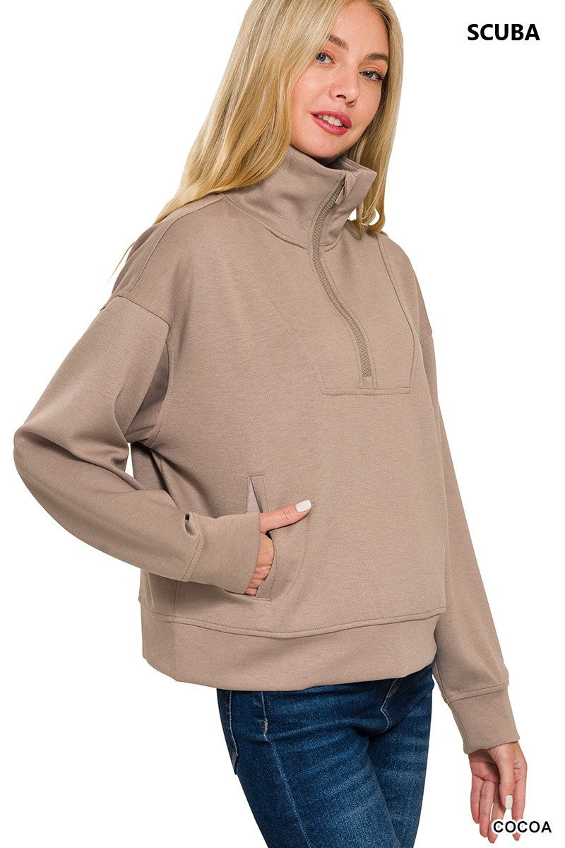 Experience cozy style this Fall with the Butter Soft Scuba pullover. Crafted from super soft fabric, it offers unmatched comfort while keeping you warm. The trendy half-zip design adds a modern touch, and the convenient pocket lets you keep essentials close.
90% polyester, 6% rayon, 4% spandex