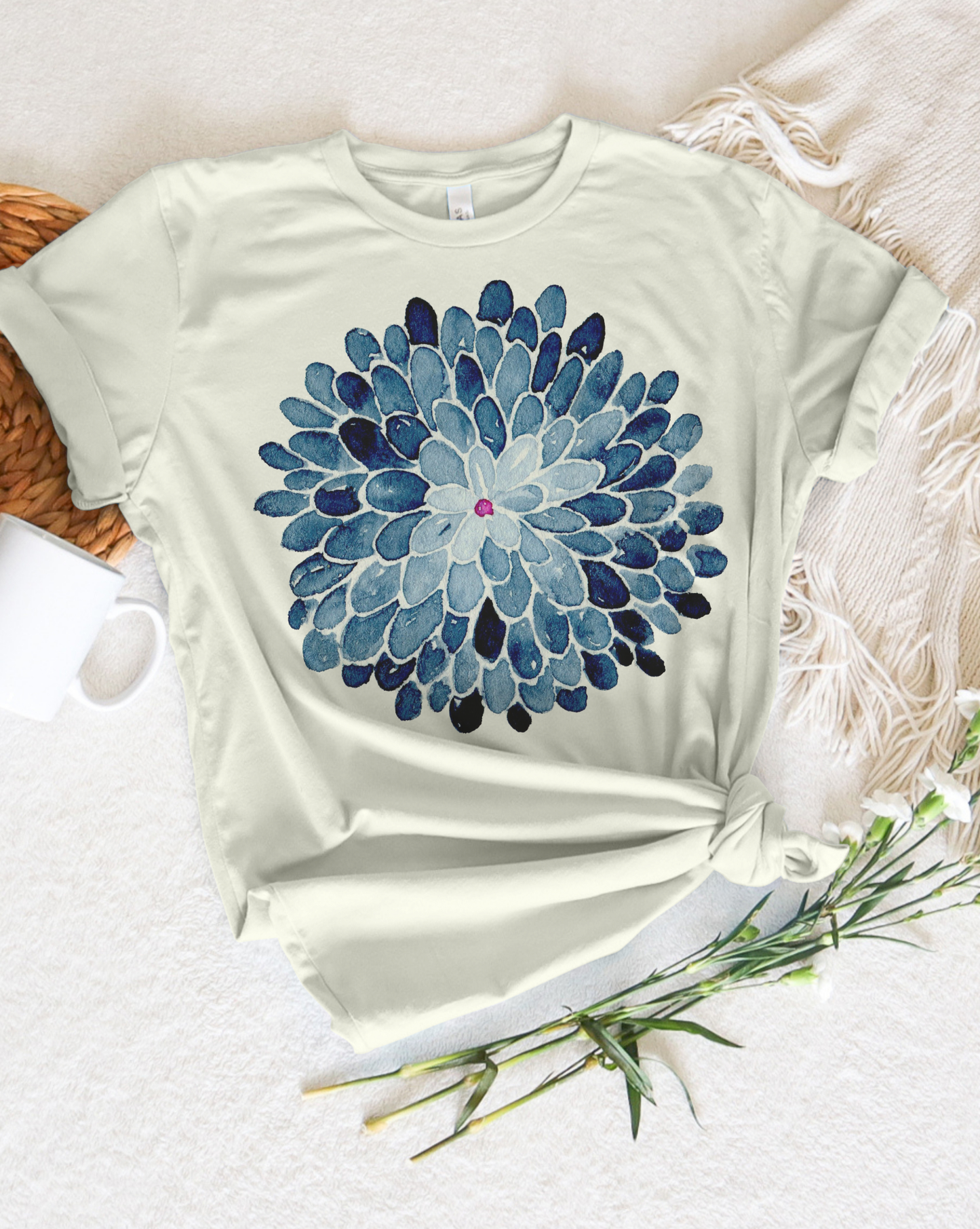 Bella Canva Tee with Citron Blue vintage Mun flower on front, short sleeve
