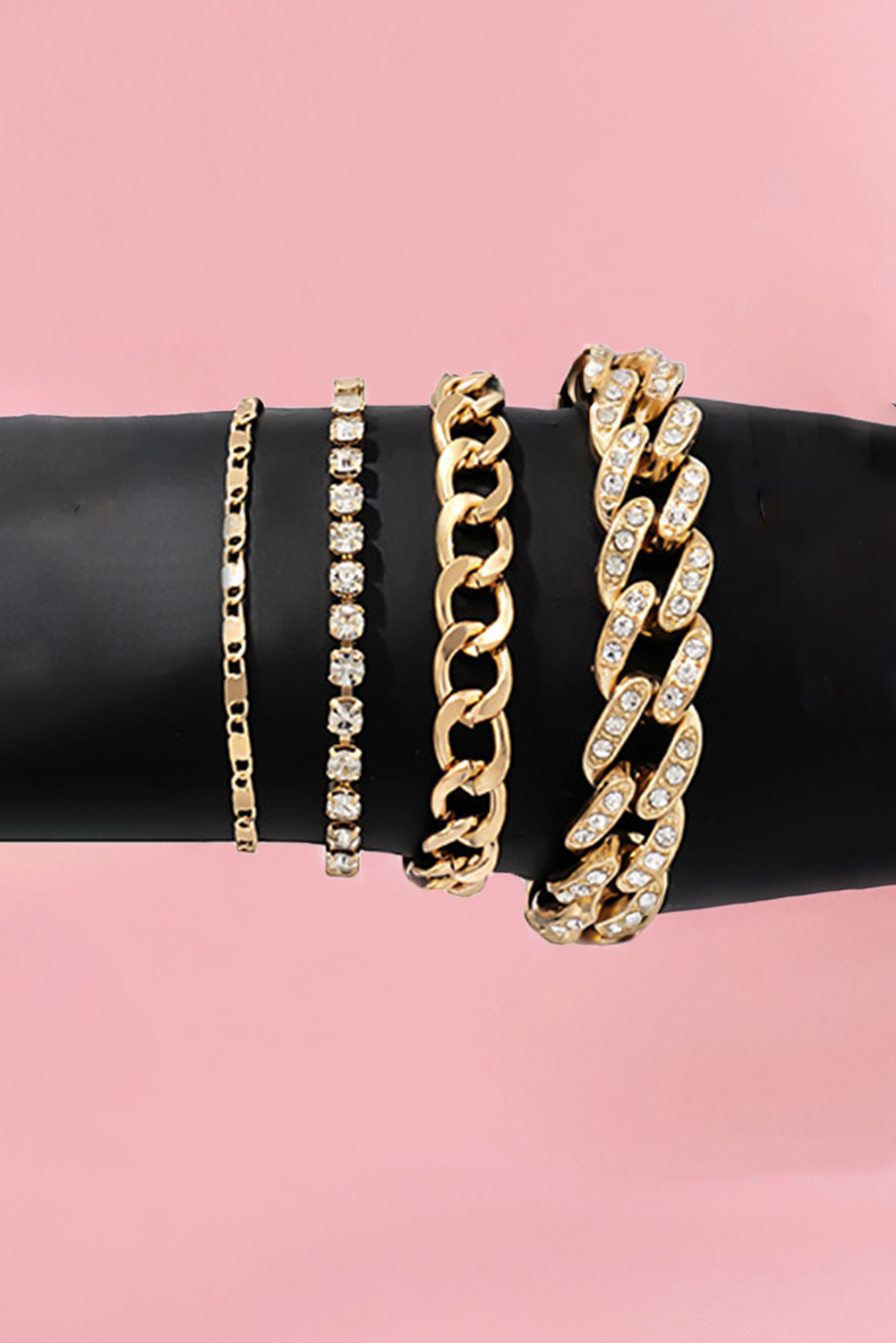 4 separate piece adjustable chain bracelet set, gold and rhinestone
