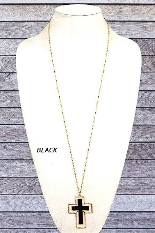 FRAMED WOODEN CROSS PENDANT LONG necklace in black
