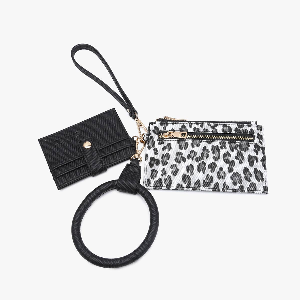 coin purse plus card holder, on a bangle with wristlet strap grey leopard print