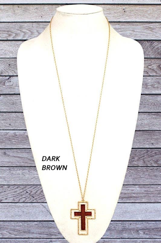 Gold framed brown cross long necklace