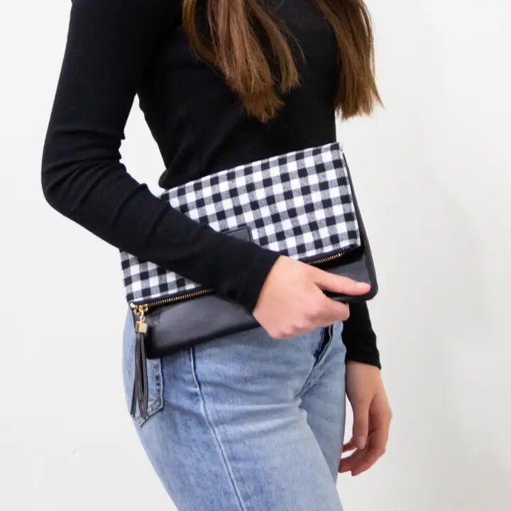 black and white buffalo plaid foldover clutch purse
