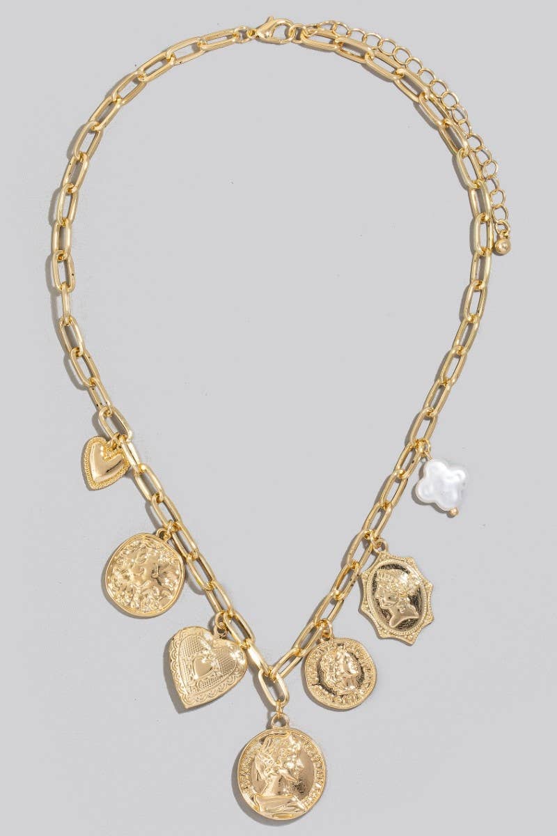 Pearl Clover Coins And Heart Locket Charms Necklace