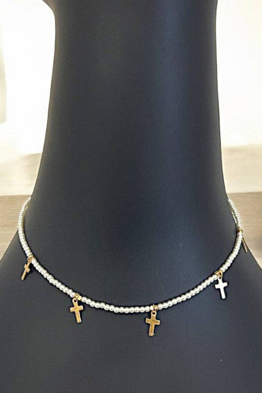 Multi Cross Pendant Pearl Bead Necklace - With Purpose Boutique
