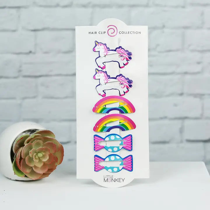 girls unicorn, rainbows and candy hair clips