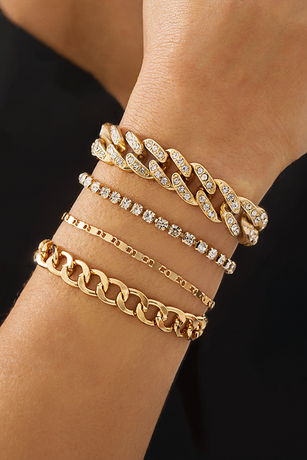 4 separate piece adjustable chain bracelet set, gold and rhinestone