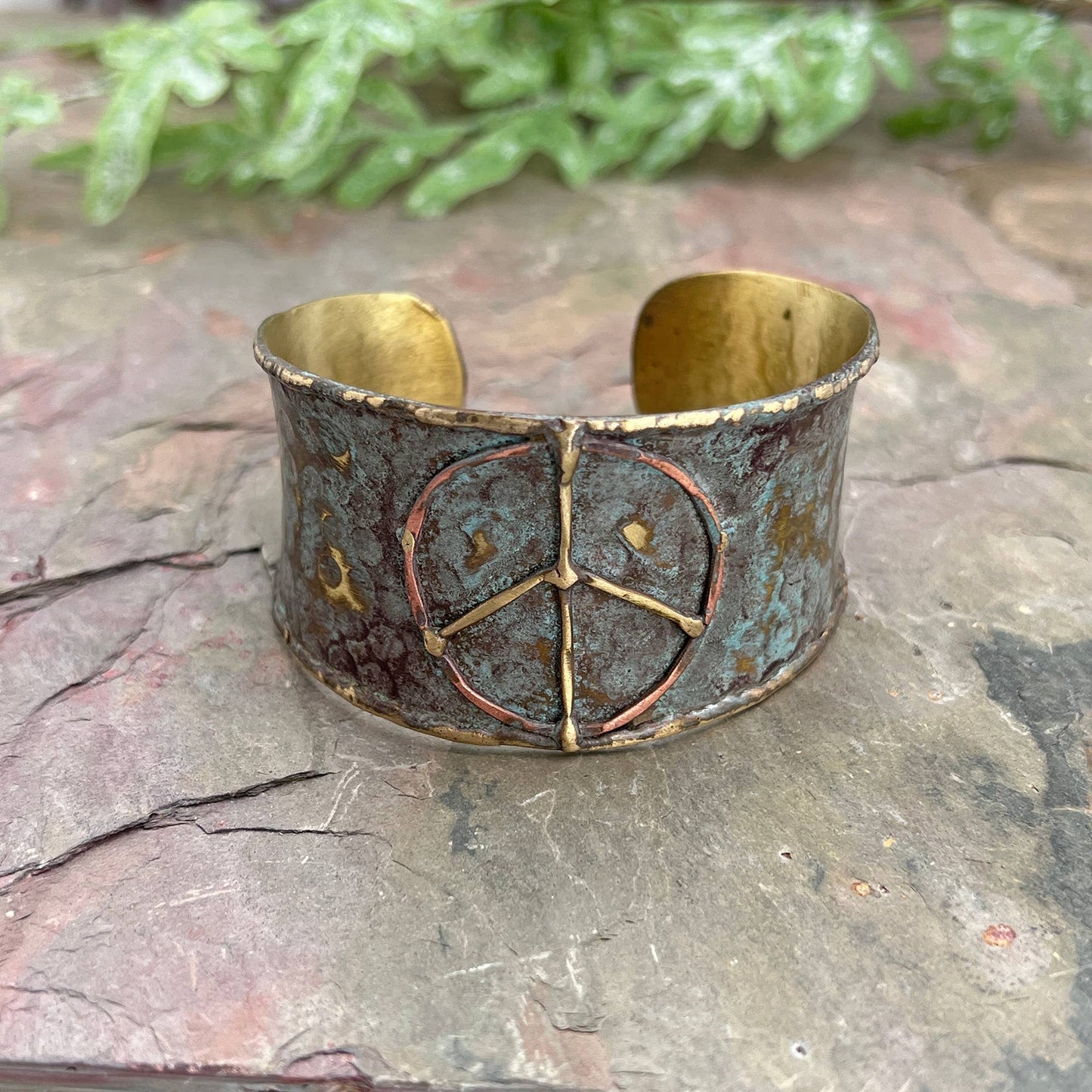 Brass Patina Cuff Bracelet - Rustic Blue Peace Sign - With Purpose Boutique