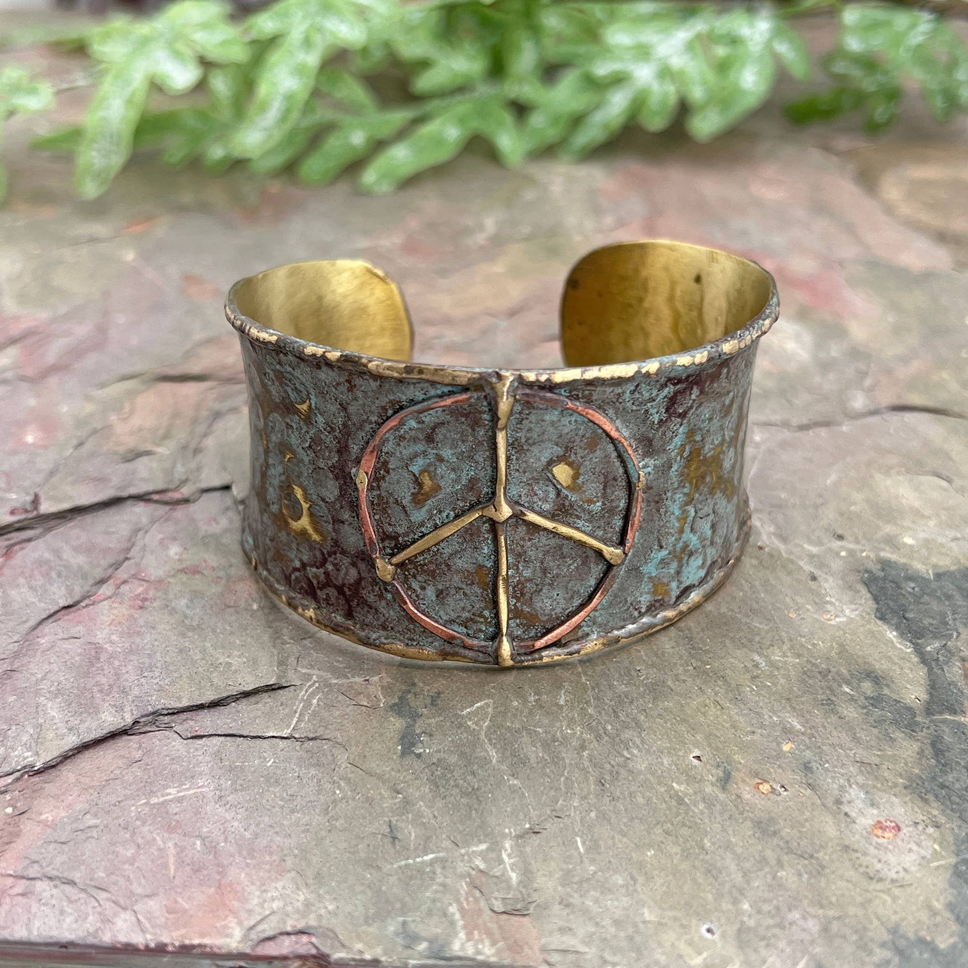 Brass Patina Cuff Bracelet - Rustic Blue Peace Sign - With Purpose Boutique