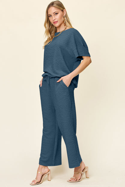 Double Take Full Size Texture Short Sleeve Top and Pants Set