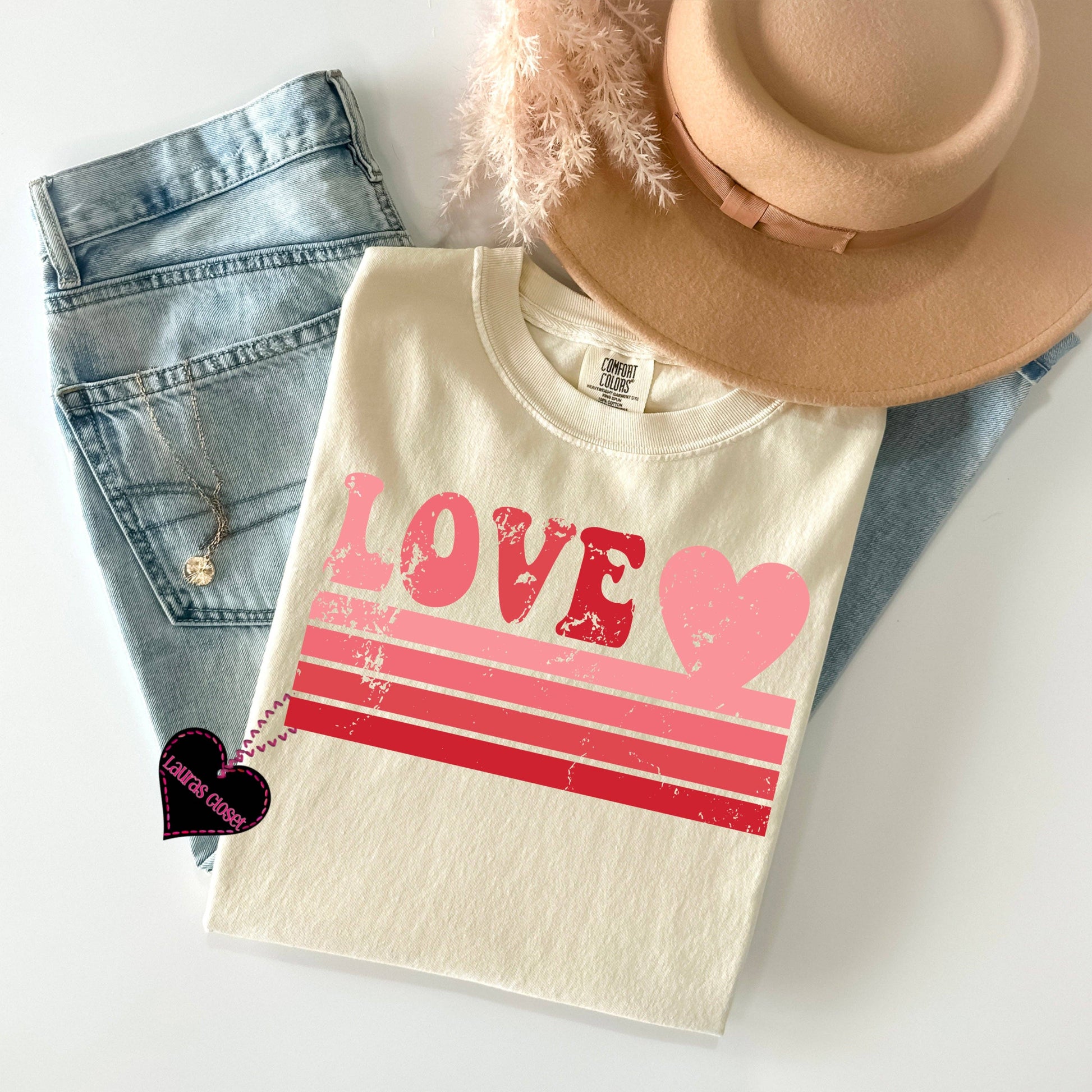 Retro "love" style distressed tee shirt, short sleeve, pinks, reds, 