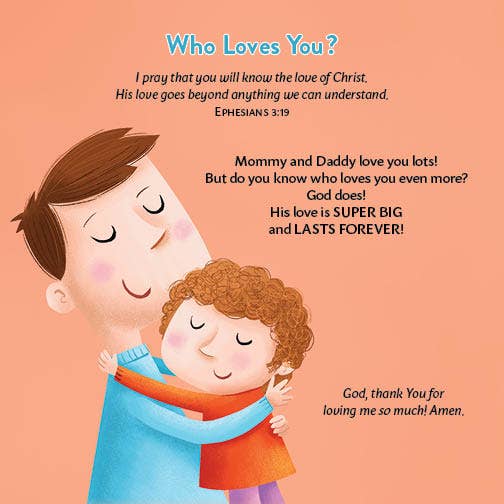 Illustration of a father hugging a child with text about God's love on a peach background