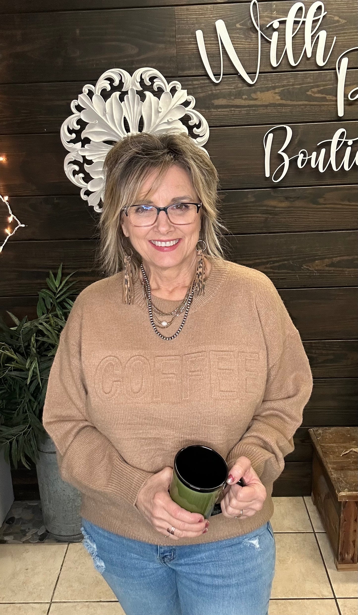 Coffee Embossed Sweater - With Purpose Boutique
