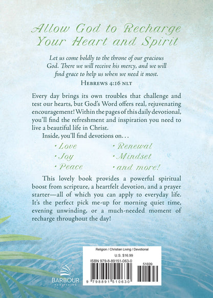 Back cover of a book with text about spiritual encouragement and prayer starters, featuring a barcode and Barbour Publishing logo.