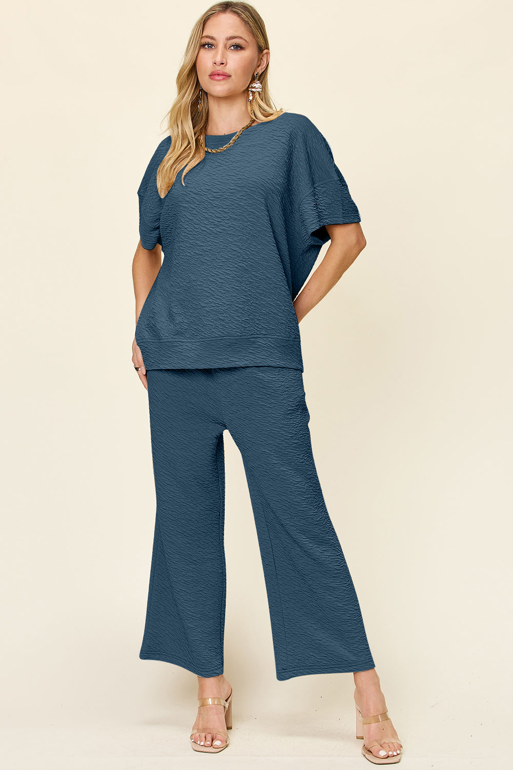 Double Take Full Size Texture Short Sleeve Top and Pants Set