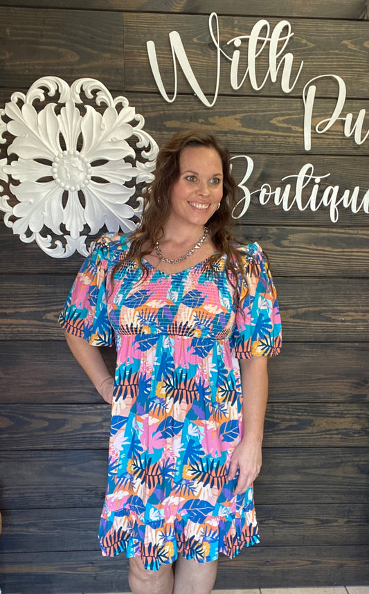 tropical colors, smocked top, dress, pockets, Blakeley brand