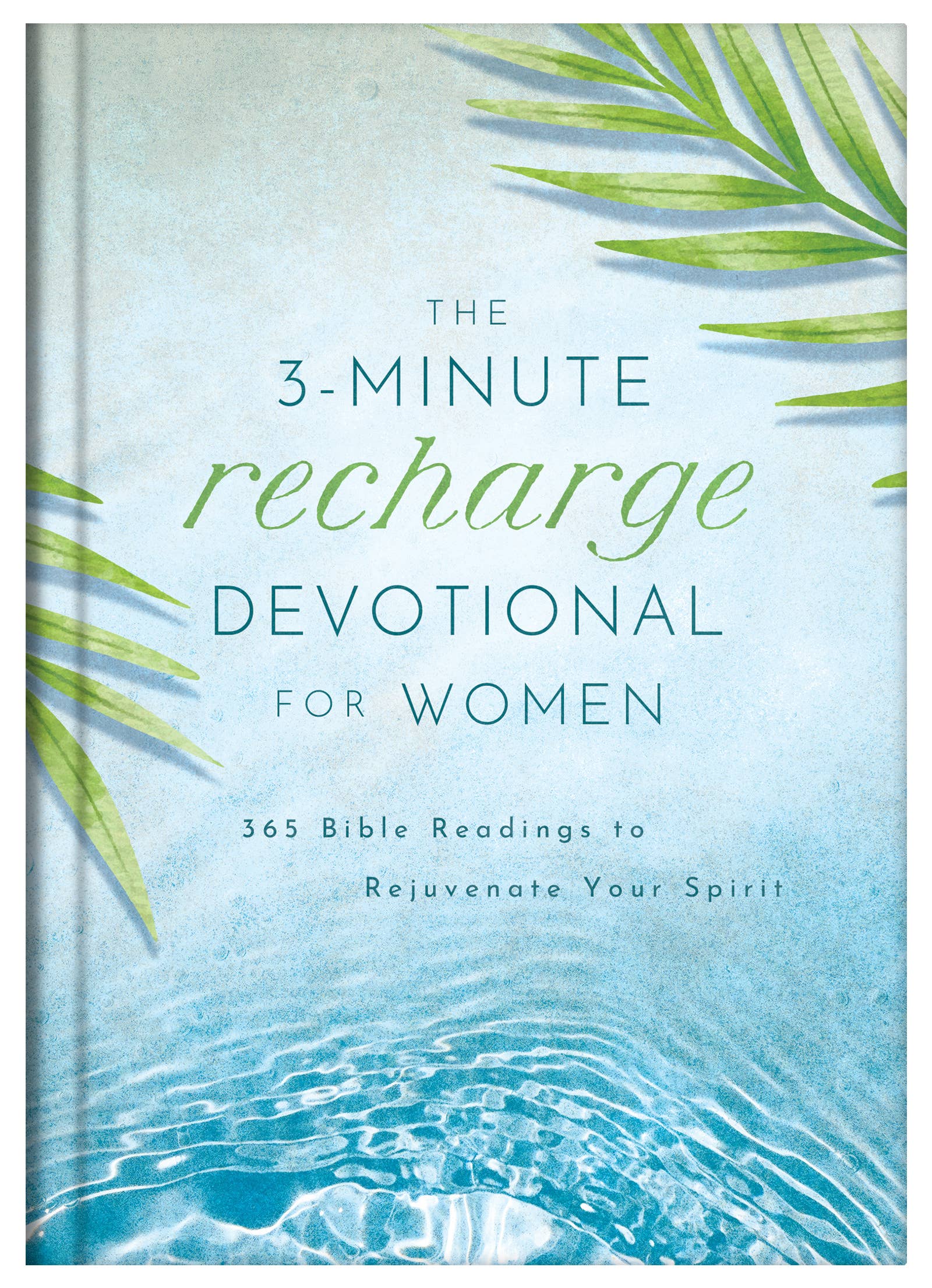 Book titled 'The 3-Minute Recharge Devotional for Women' with a design of water and leaves on the cover.