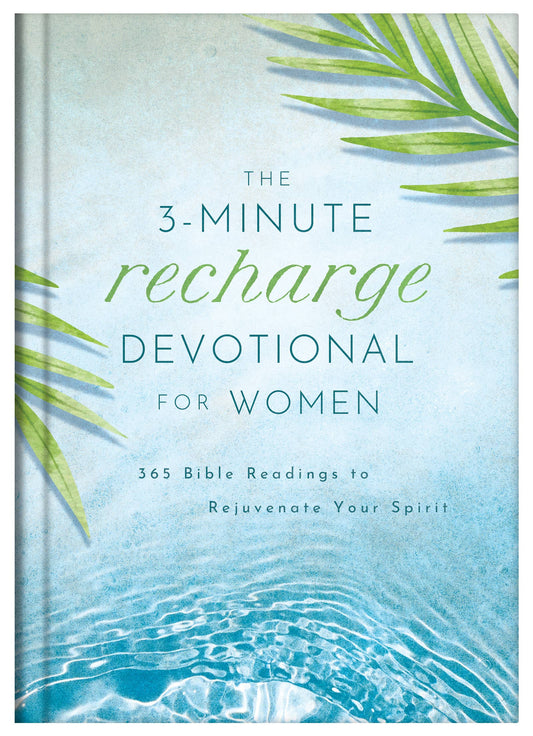 Book titled 'The 3-Minute Recharge Devotional for Women' with a design of water and leaves on the cover.