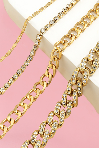 4 separate piece adjustable chain bracelet set, gold and rhinestone