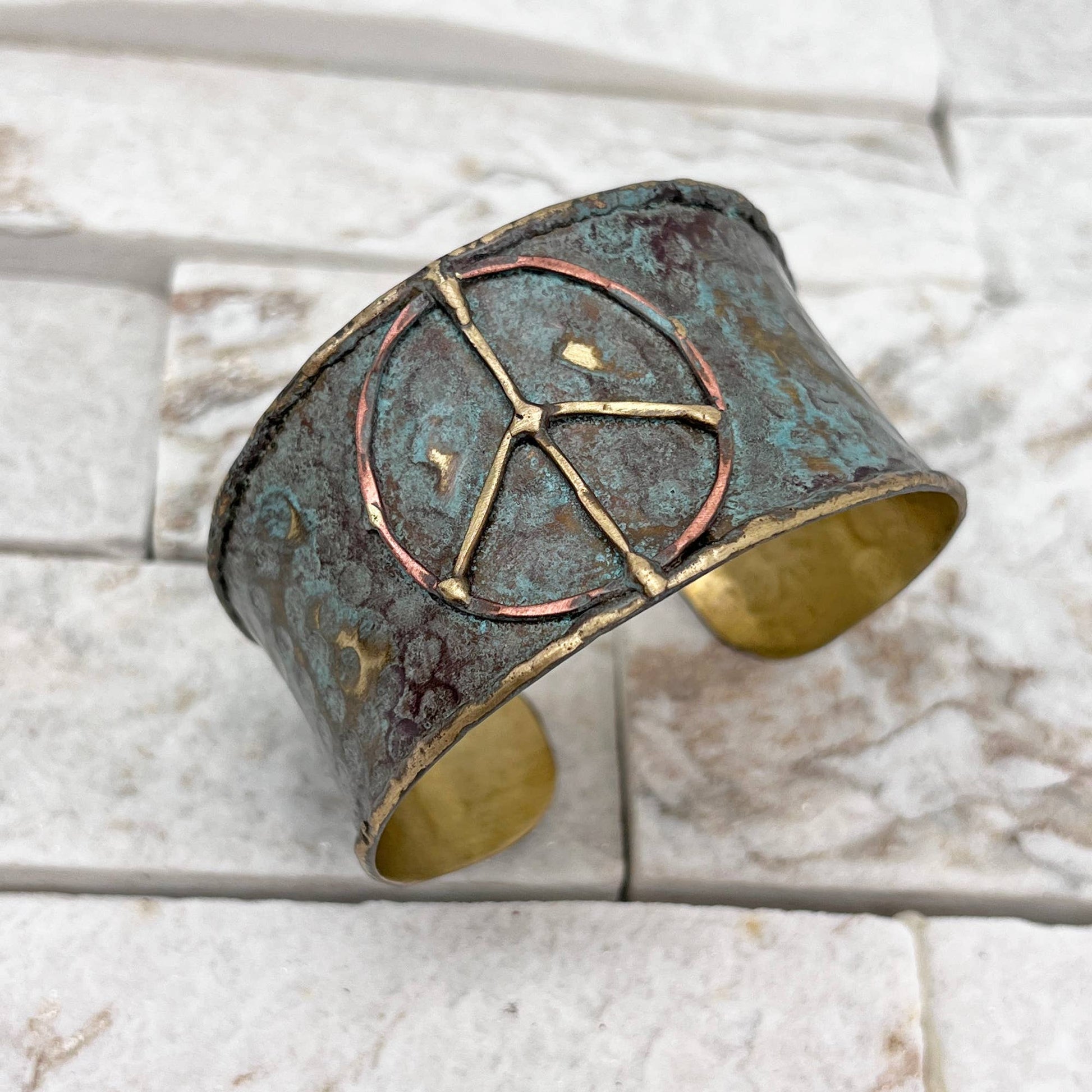 Brass Patina Cuff Bracelet - Rustic Blue Peace Sign - With Purpose Boutique