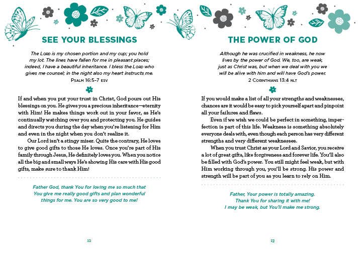 Page from a teen girl devotional with inspirational text and decorative elements on a white background