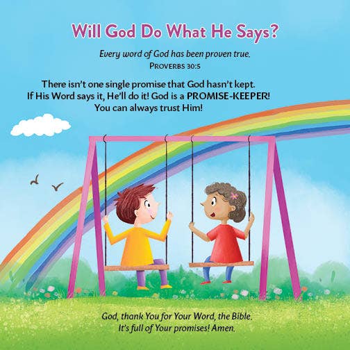 Children on swings with a rainbow, text about God's promises, and Proverbs 30:5 quote.