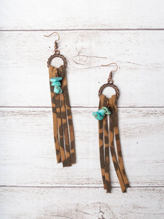 ROPED TOGETHER FOREVER TURQUOISE ROCKS WITH BROWN LEOPARD FRINGE EARRINGS - With Purpose Boutique