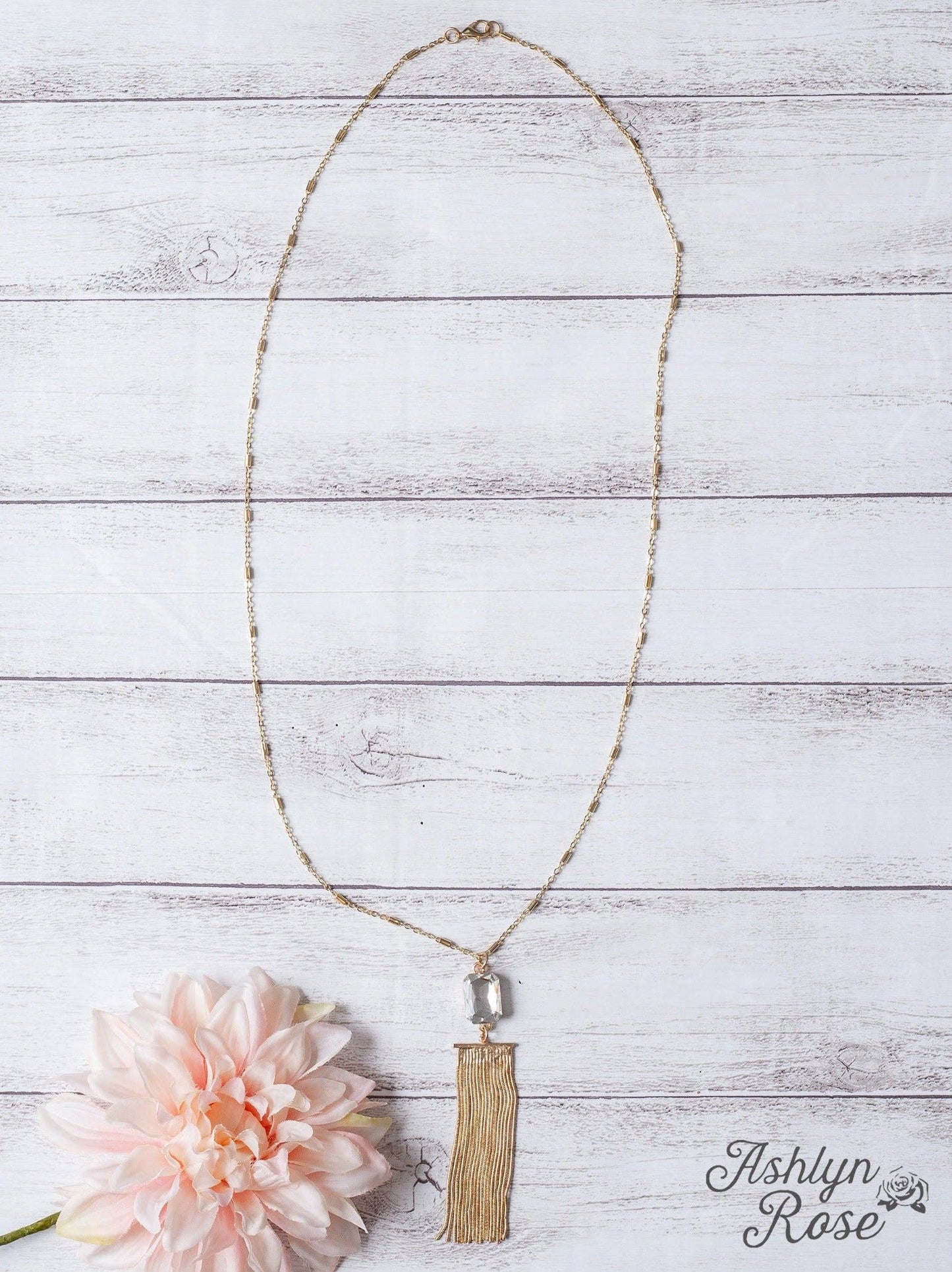 CATCH THE LIGHT SQUARE CRYSTAL GOLD FRINGE PENDANT ON A GOLD CHAIN NECKLACE - With Purpose Boutique